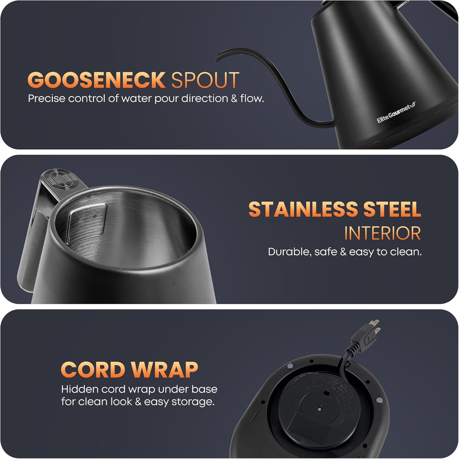Elite Gourmet EKT1001 1.0L Glass Kettle, 1100W, Cordless Base, Black