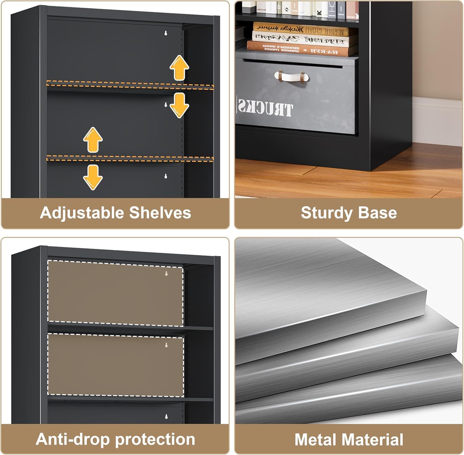 66 in Black Heavy Duty Metal Bookshelf, 5-Tier Adjustable Tall Bookcase, Industrial Floor Standing Storage Shelf 180 lbs Load Per Shelf for Living Room Home Office Bedroom Garage