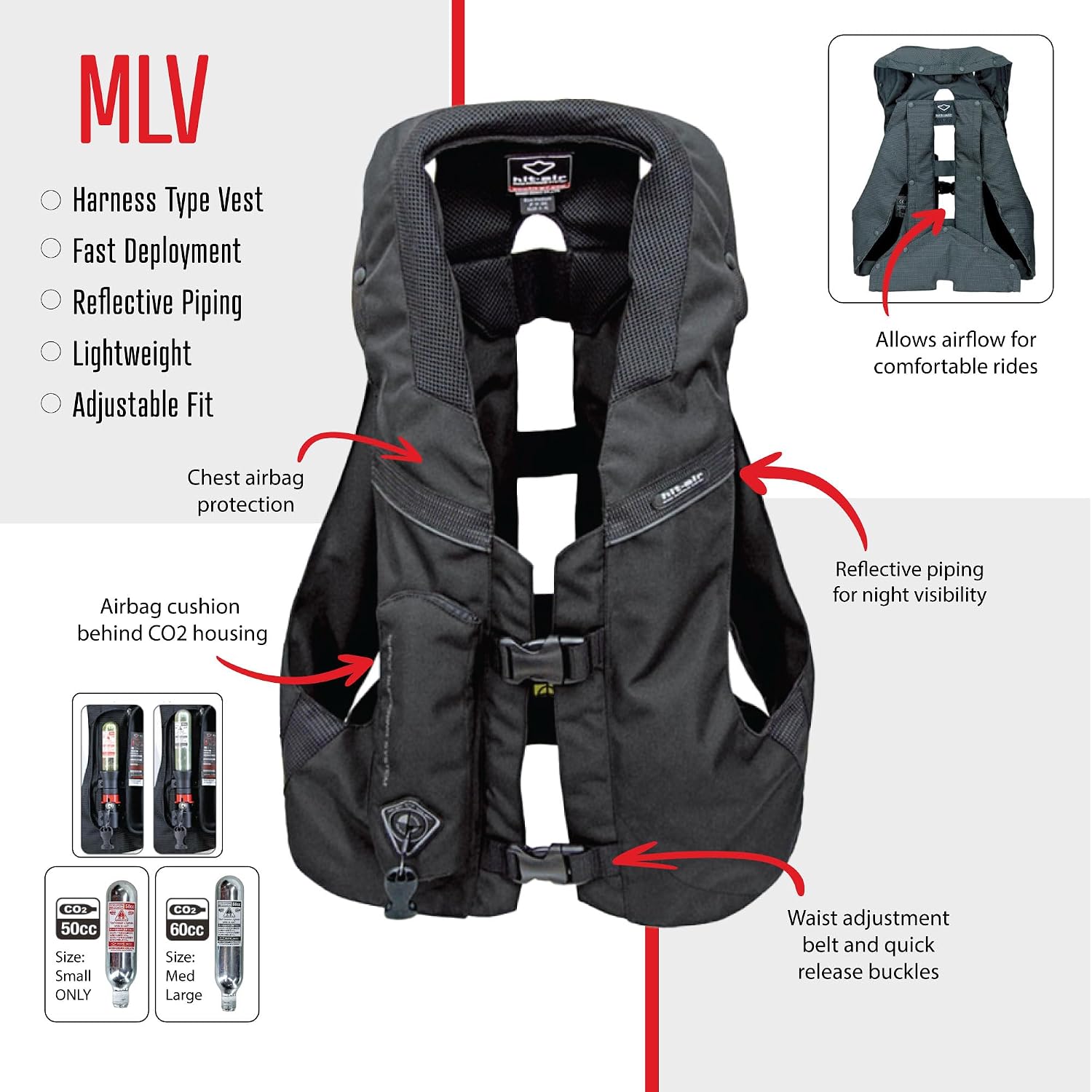 Hit-Air MLV Airbag Vest – Motorcycle Safety Vest with Automatic CO2 Deployment – Lightweight, Reusable, Adjustable Fit – Unisex Protective Riding Harness
