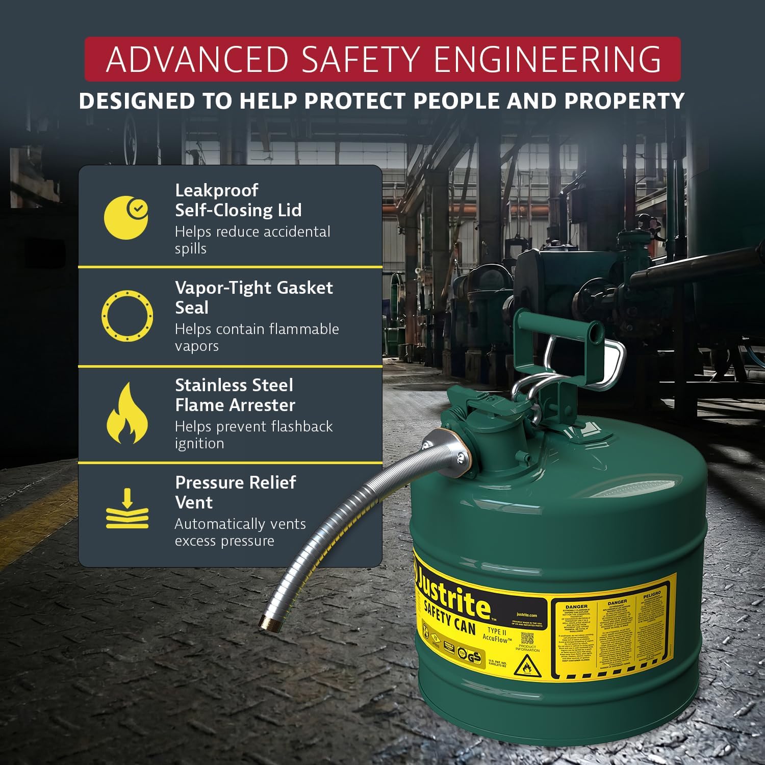 Justrite Type II Green Safety Can for Oil, Galvanized Steel, FM Approved