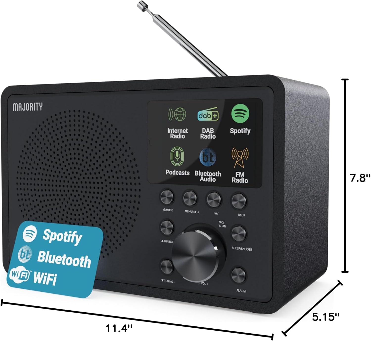 Internet Radio for Home with WiFi and FM | DSP Speaker Perfect for Bedroom, Kitchen, and Living Room Use | FM, Spotify Connect, Multi-Alarm