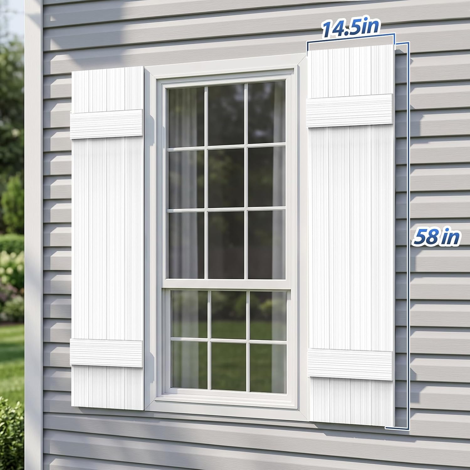 【4 pcs】Thickened Wall Vinyl Shutters, 14 1/2" x 58", White Exterior Window Shutters, 5-Minute Installation, 10+ Years Lifespan, Vertical Embossed Lines