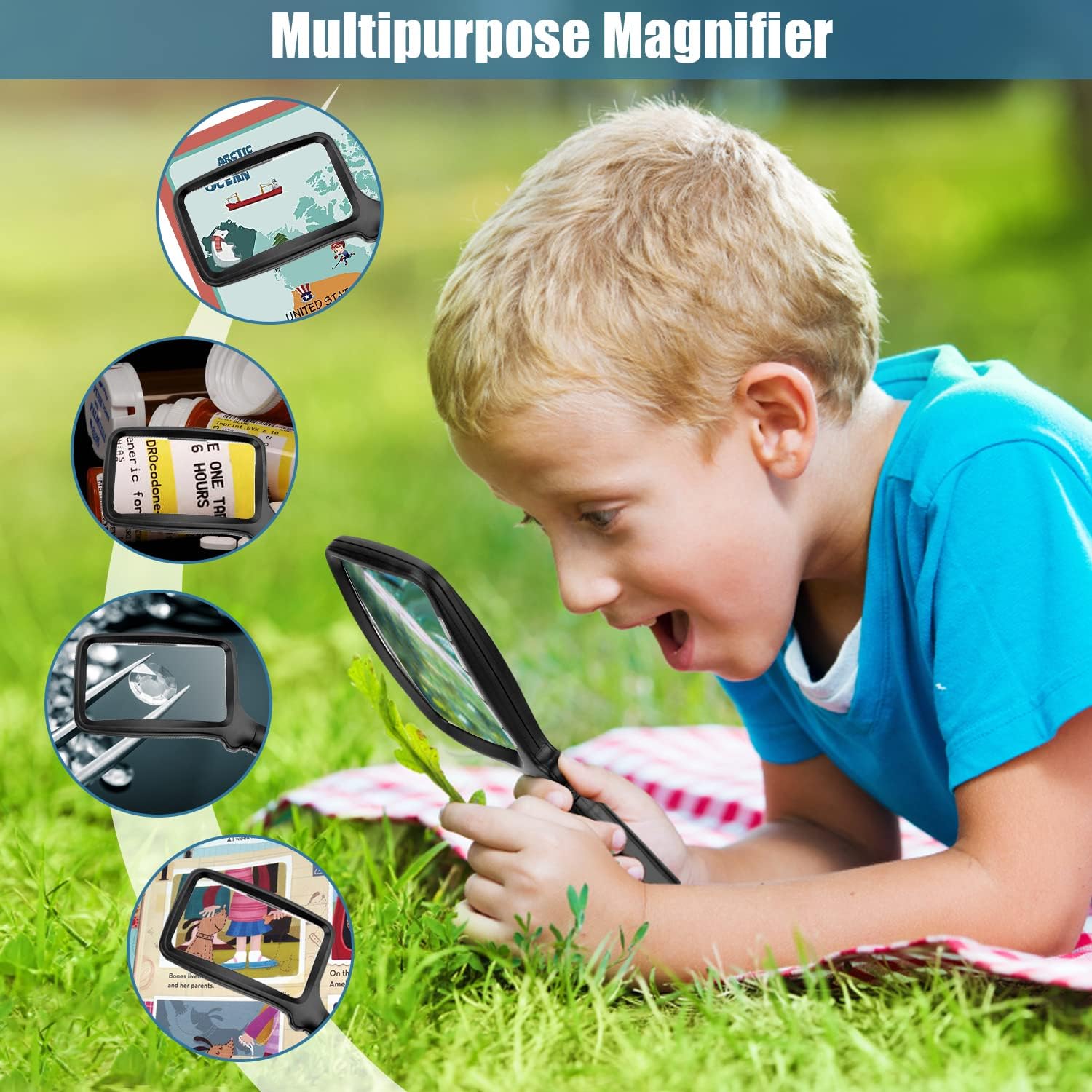 Folding Handheld Magnifying Glass with Light, 5X Large Rectangle Reading Magnifier with Dimmable LED for Seniors with Macular Degeneration, Newspaper