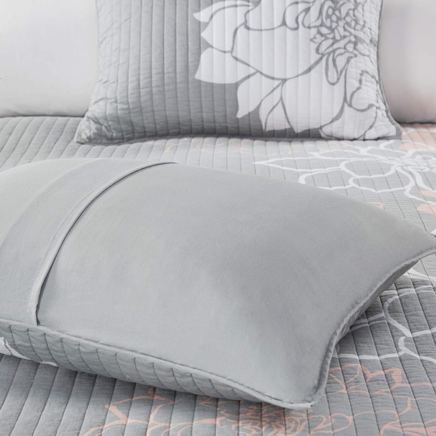 Madison Park Cotton Casual Floral Quilt Set, 6PC Full/Queen Coverlet | Channel Stitching Design, All Season, Lightweight Coverlet Bedspread Bedding, Shams, Decorative Pillows, Taupe Grey/Purple