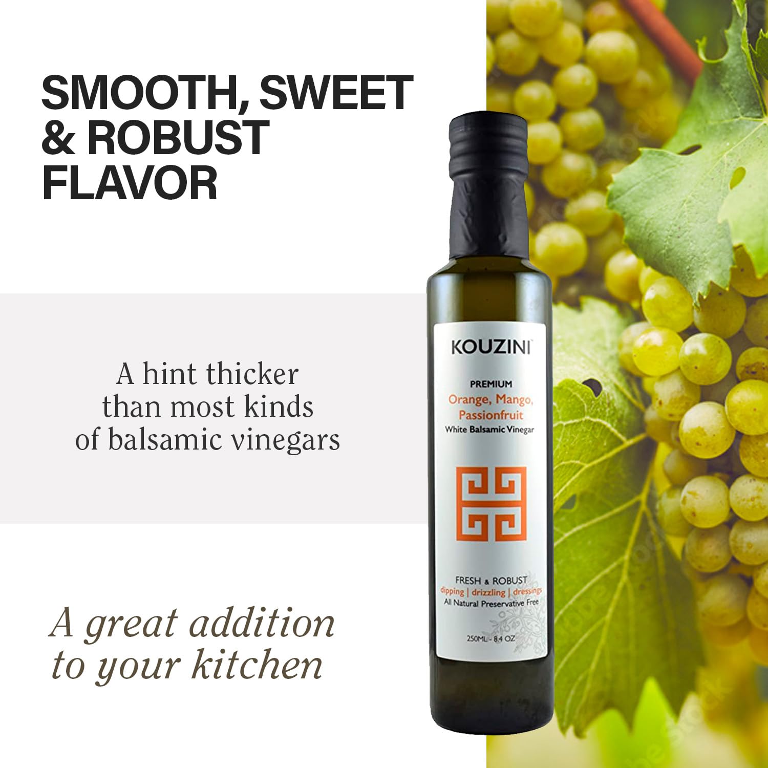 Kouzini Ultra-Premium Peach White Balsamic Vinegar, Aged, No Added Sugars or Preservatives, Ideal for Salads, Meats, Fish, Pizza, & Bread Dipping, Luxurious Balsamic Vinegar of Modena, 250ml