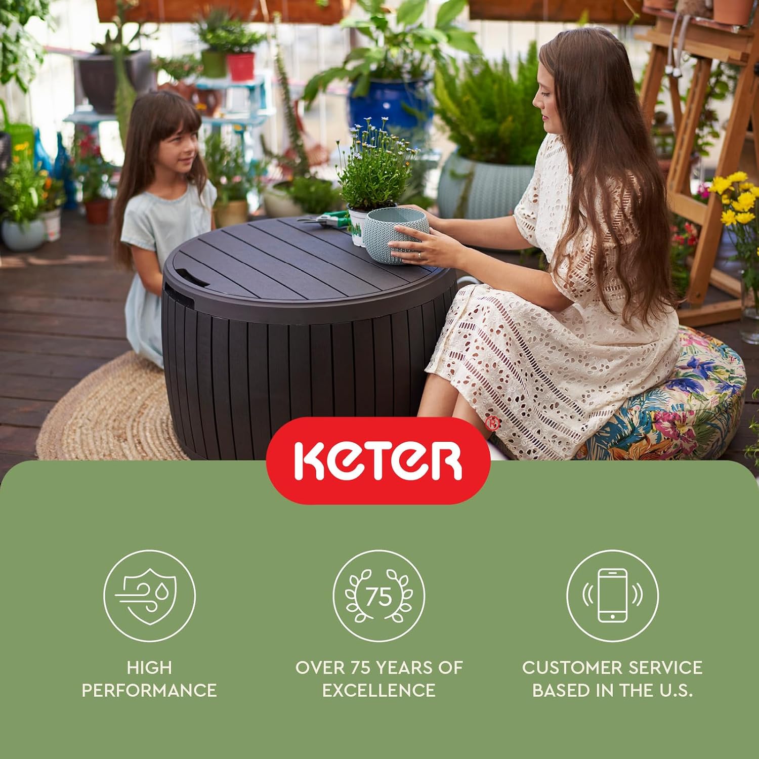 Keter Circa Outdoor Storage Deck Box, 37 Gallon, Brown | Doubles as Ottoman Chair or Side Table, Resin Seating for Garden, Pool & Patio