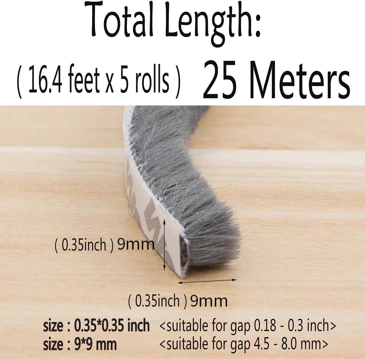 Self-Adhesive Pile Weather Stripping Seal for Sliding Windows and Door Frames, 16.5ft x 11/32 inch, Grey