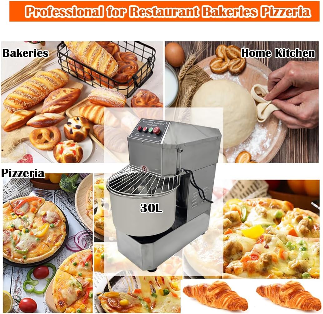 INTBUYING 30 QT Stand Dough Mixer 7.5 Gallon Double Action Spiral Stand Mixer with Double-Speed
