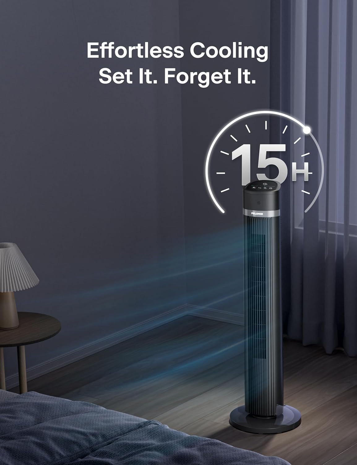 PELONIS 40-inch Bladeless Tower Fan for Bedroom, Standing Fan with Remote Control, 26ft/s, 90° Oscillation, 3 Speed Settings, 27 dB, 3 Modes