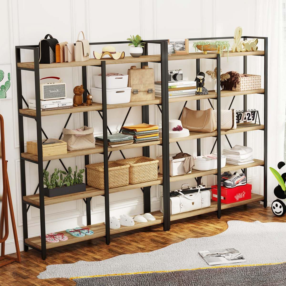 FATORRI Bookshelf, 5 Tier Industrial, 51 Inch Wide 69 Inch Tall Etagere Bookcase