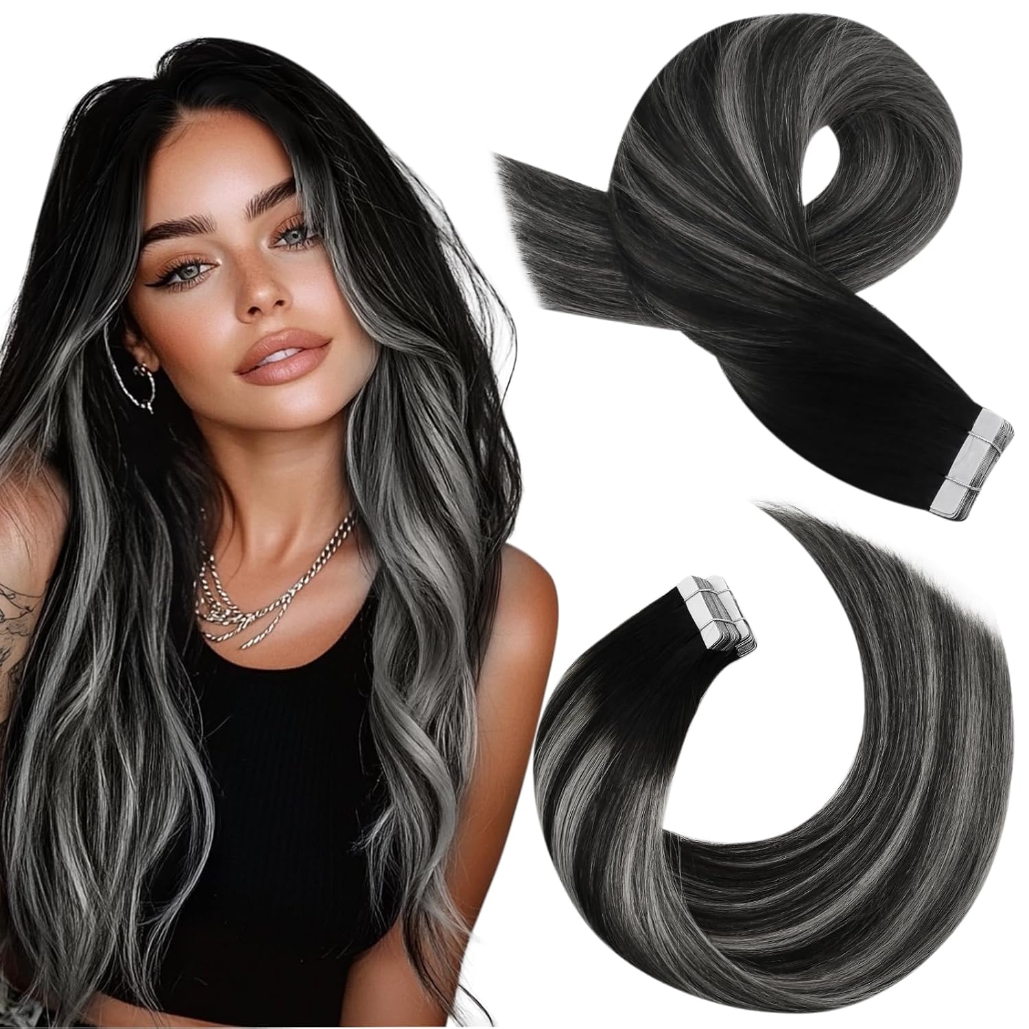 Moresoo Black Tape in Hair Extensions Human Hair, 18 Inch, 20Pcs, 50g