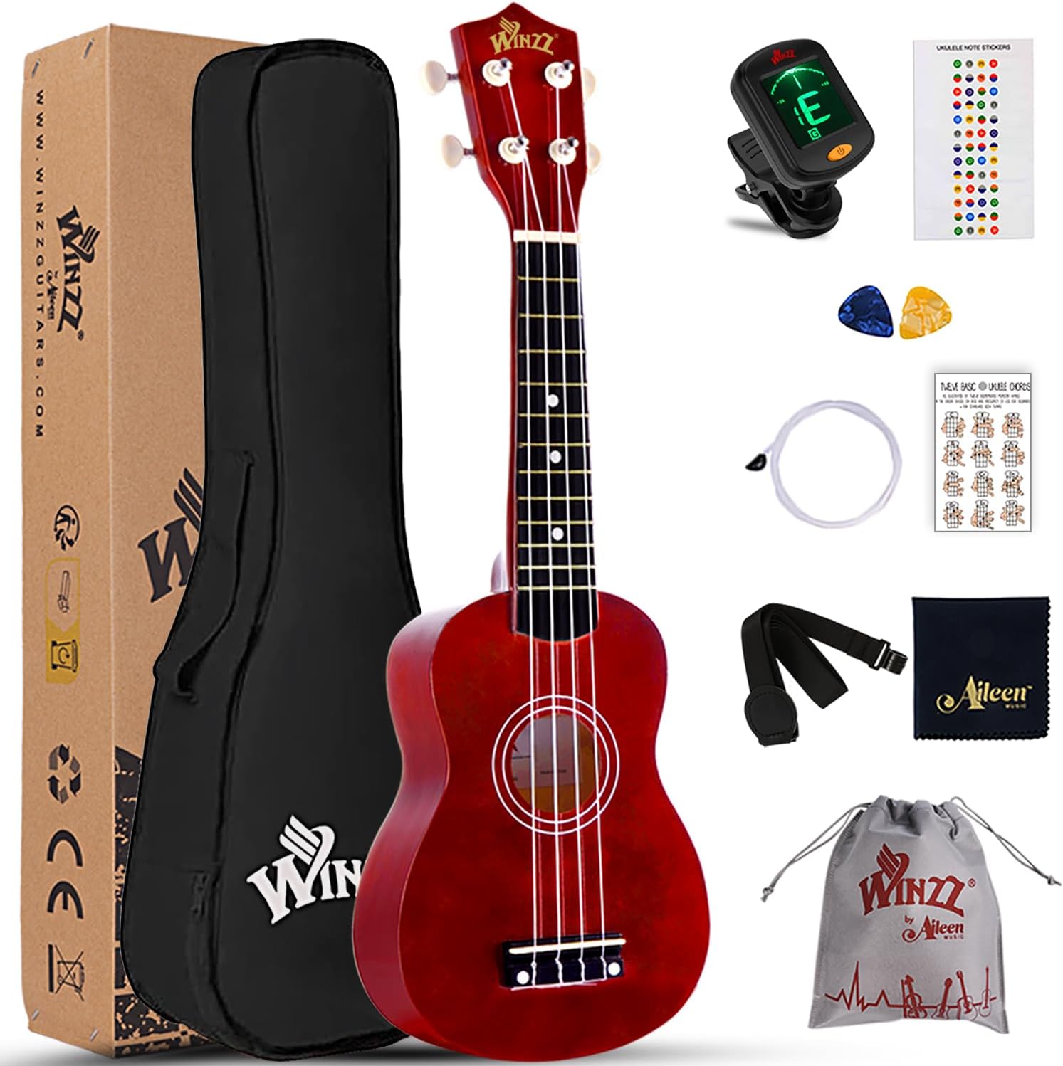 Winzz Soprano Ukulele Starter Kit For Beginners with Bag, Clip-On Tuner, Extra Strings, Strap, Plectrum, Fret Stickers, Chords Card, Polishing Cloth, Black