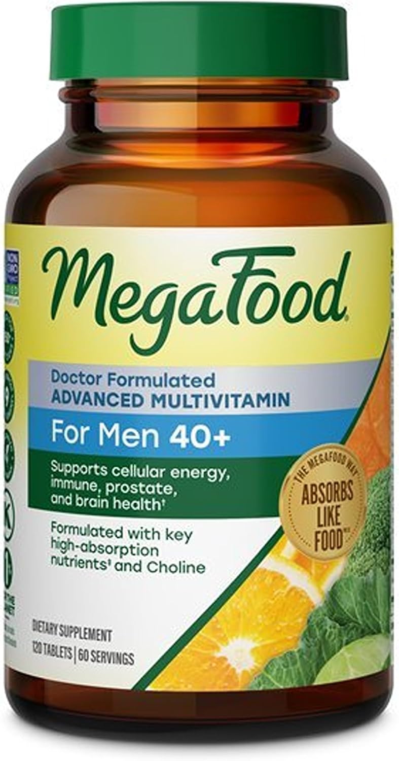 MegaFood Advanced Multivitamin for Men 40+ Doctor Formulated, 120 Tablets | Immune Support, Cellular Energy, Prostate & Brain Health, Choline, Methylfolate Vitamin C, D3, Zinc, Vegetarian, 60 Servings