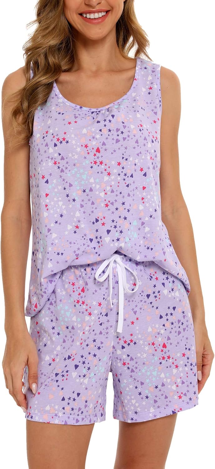 ENJOYNIGHT Womens Pajama Set Cotton Summer Sleep Tank and Shorts Pjs