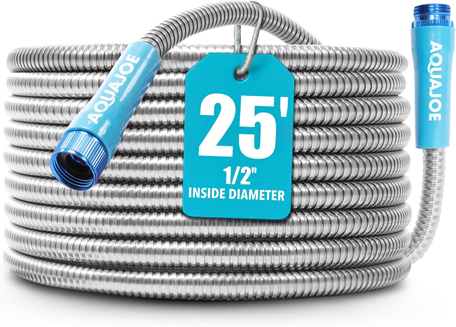Aqua Joe 50-Foot Heavy Duty Garden Hose, Spiral 304 Stainless Steel Metal Hose, Puncture Proof, 1/2 Inch Diameter with Aluminum Fittings, AJSGH50