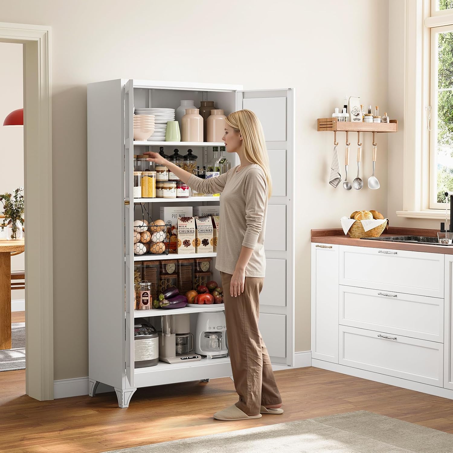 Metal Storage Cabinet with 2 Doors and 4 Adjustable Shelves - 61" White Kitchen Pantry Storage 5-Tier Tall Steel Cabinets Locker for Kitchen, Living Room, Dining Room