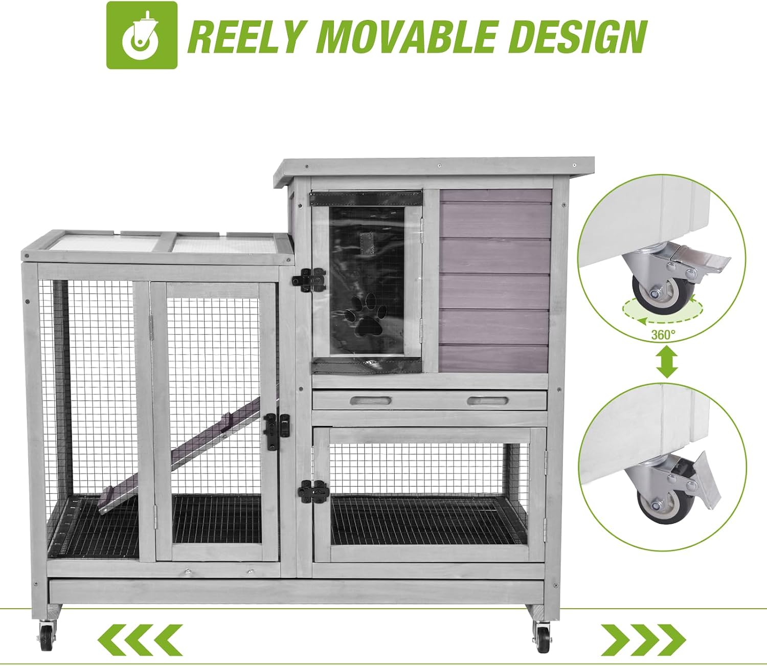 Outdoor Rabbit Hutch Indoor Bunny on Wheels Large Guinea Pig Cage with Run for Any Small Animals,Removable Pull Out Tray