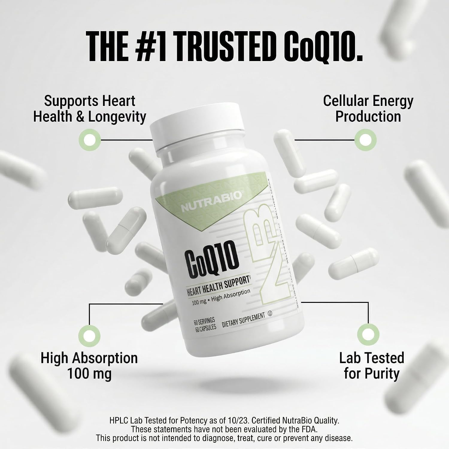 NutraBio CoQ10 Dietary Supplement, Healthy Heart Function & Cellular Energy Production, 100mg - 60 Capsules