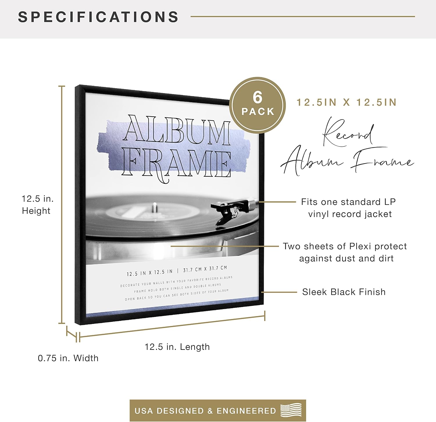 MCS Gallery Record Album Frame, 6-Pack (12.5"x12.5") Black Anodized Aluminum - LP Vinyl Jacket Display, Transparent Back, Styrene Protection