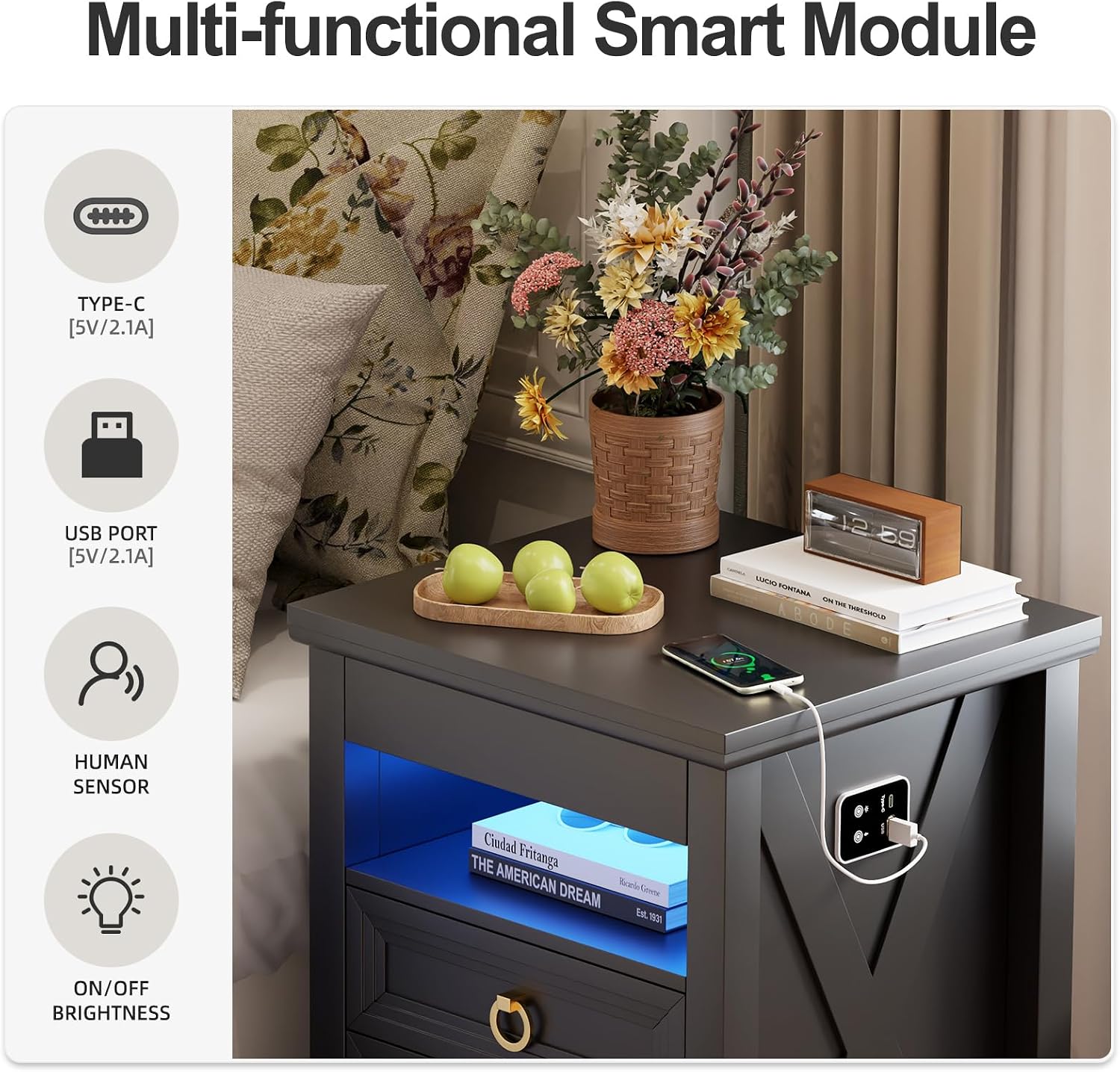 Smart LED Nightstand with Lockable Gun Drawer & Glass Top（Black） | Modern Bedside Table with Charging Station and Hidden Storage, LED Night Stand with 4 Drawers & Motion Sensor for Bedroom
