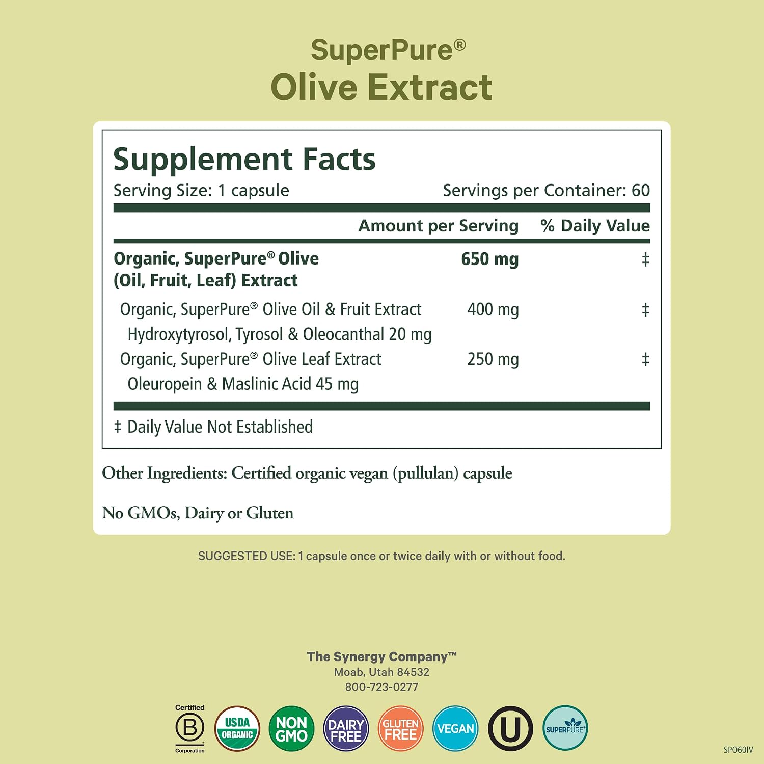 PURE SYNERGY SuperPure Olive Extract | Organic Olive Leaf, Oil, and Fruit Supplement with Polyphenols | for Heart, Brain
