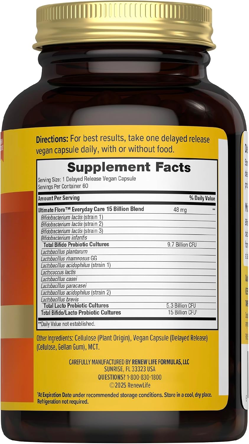 Renew Life Ultimate Flora Probiotic 15 Billion CFU | 30 Delayed Release Vegan Capsules Go Pack | Everyday Care Formula | Dairy, Soy, and Gluten Free Supplement