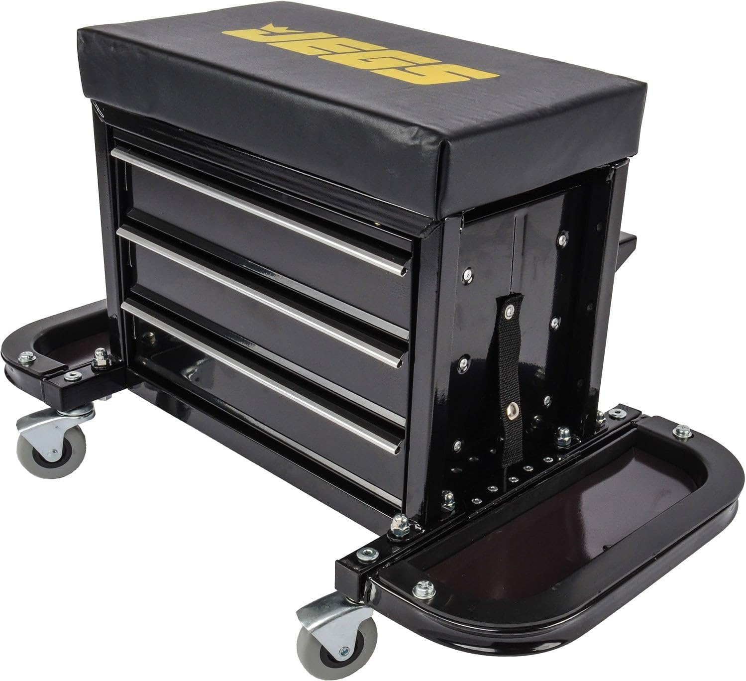 3-Drawer Rolling Tool Box Seat | 3-Drawer Rolling Tool Box Seat for supporting the driver or passenger in the vehicle; steel and rubber construction
