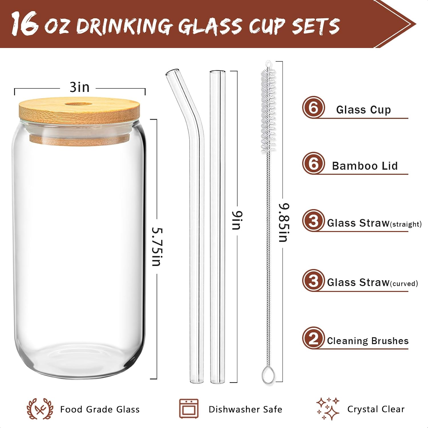 16 Oz Drinking Glasses - 6 Pcs Glass Cups with Bamboo Lids and Straws | Food-grade durable clear tumbler, Coffee bar accessories, Aesthetic gift