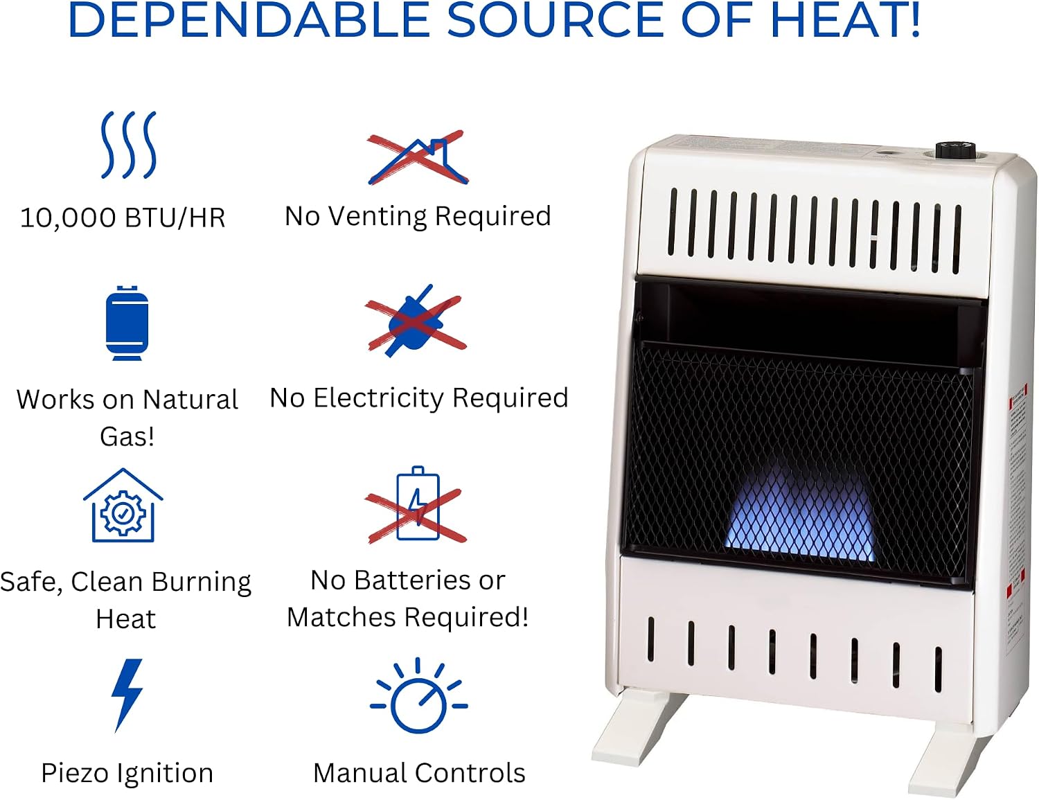 ProCom Heating Natural Gas Ventless Blue Flame Heater With Base Feet - 10,000 BTU, Manual Control - Model# MN100HBA-B