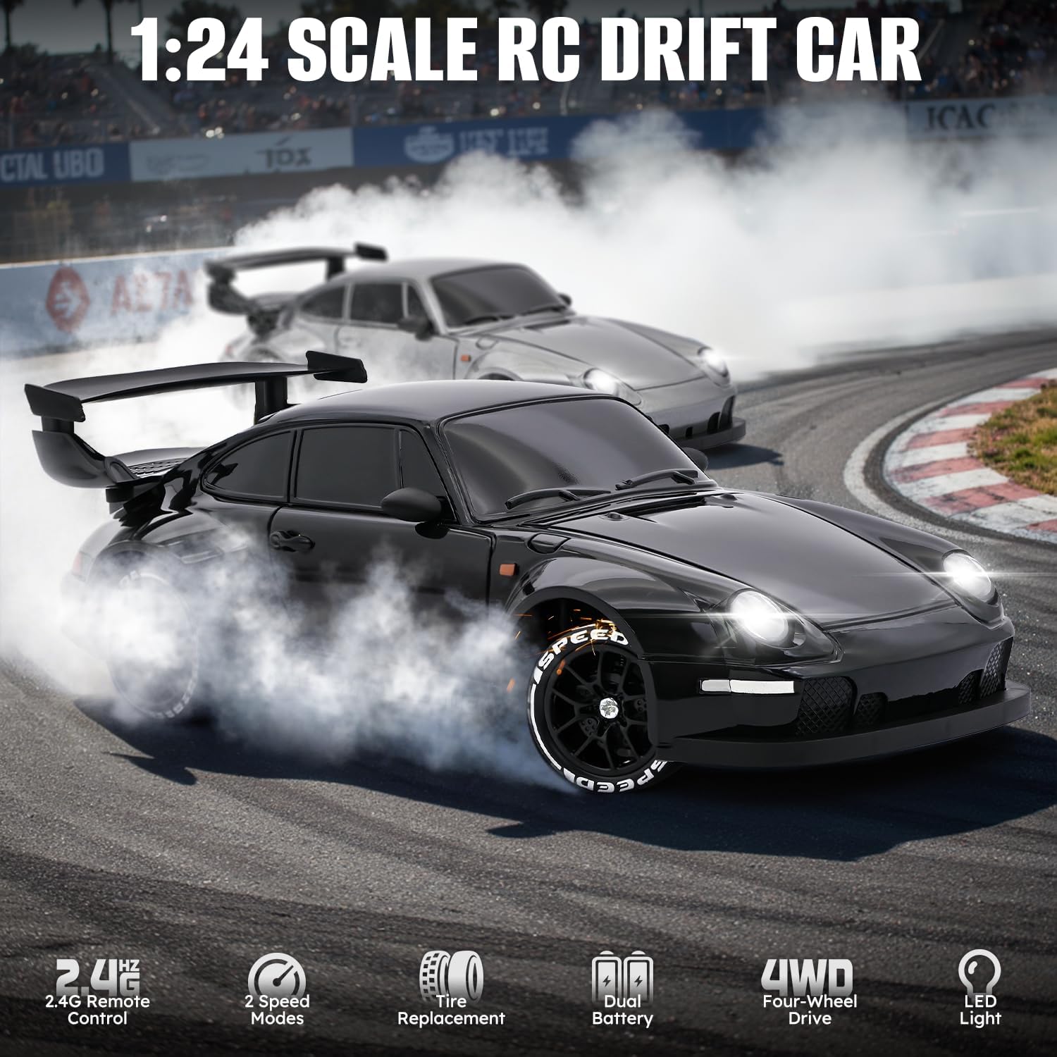 RC Drift Car,1:24 Scale Remote Control Car, 2.4GHz 20KM/H 4WD High Speed RC Cars for Kids with LED Light, Two Batteries,Drifting Tires,Racing Vehicle Toy for Adults Boys Girls Gray