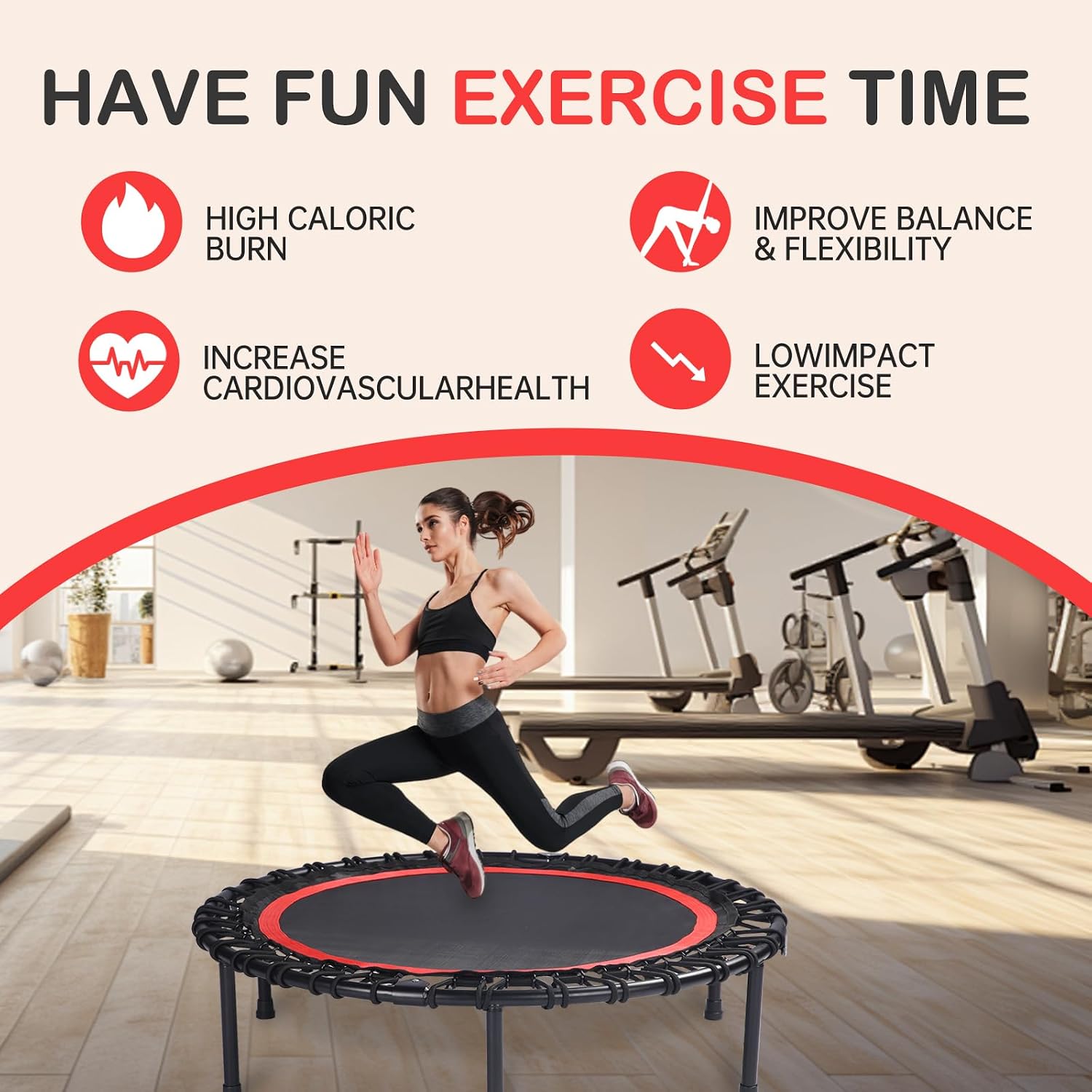 40" Mini Trampoline for Adults, Fitness Rebounder with Elastic Bands, Indoor Exercise Trampoline, Low Impact Workout Equipment for Home Gym