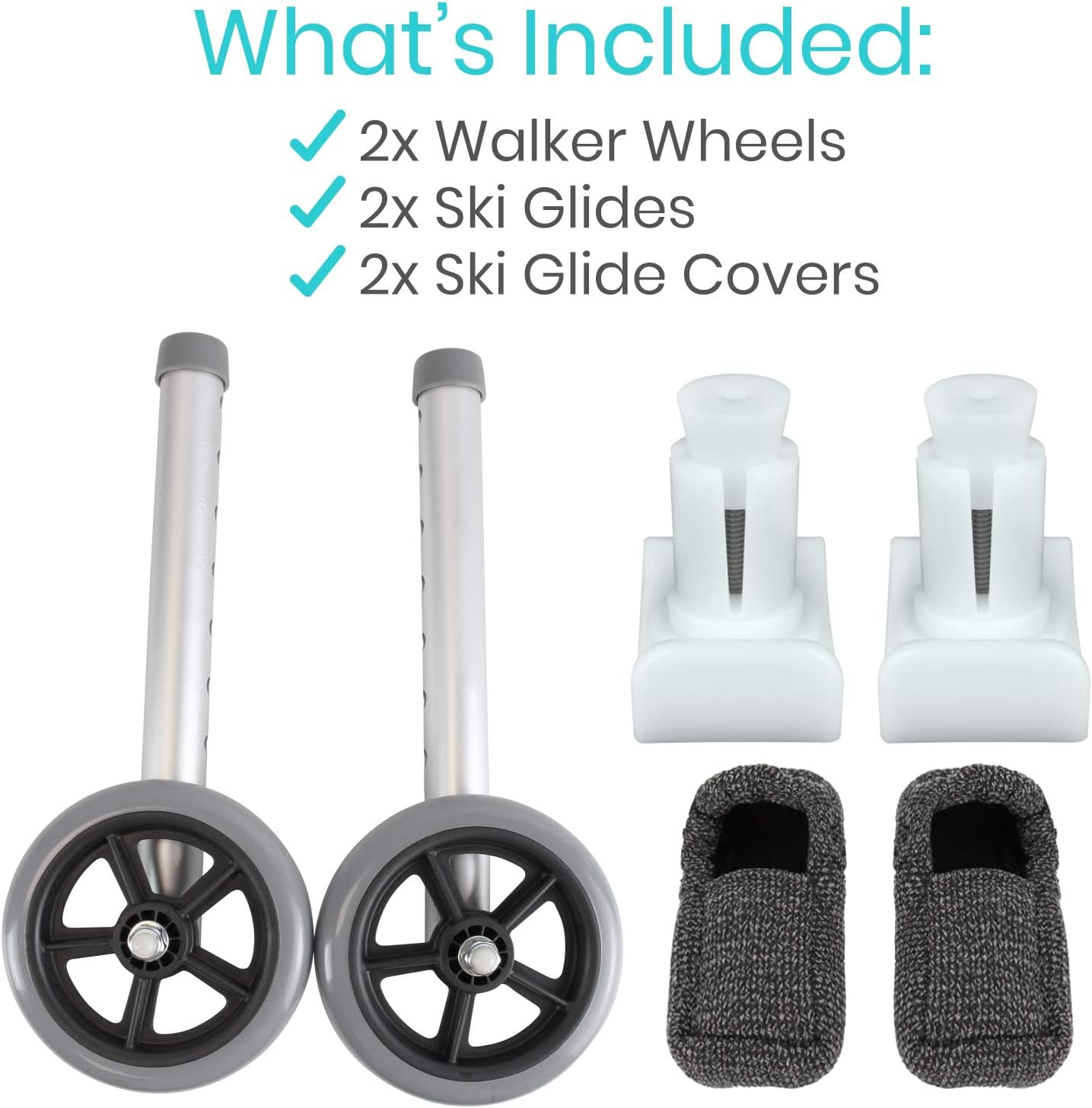 Vive Walker Wheels, Ski Glides, Accessories Covers for Seniors (6 PCS), Replacement Feet Parts Ball Set for Folding Medical Roller Safety- Front