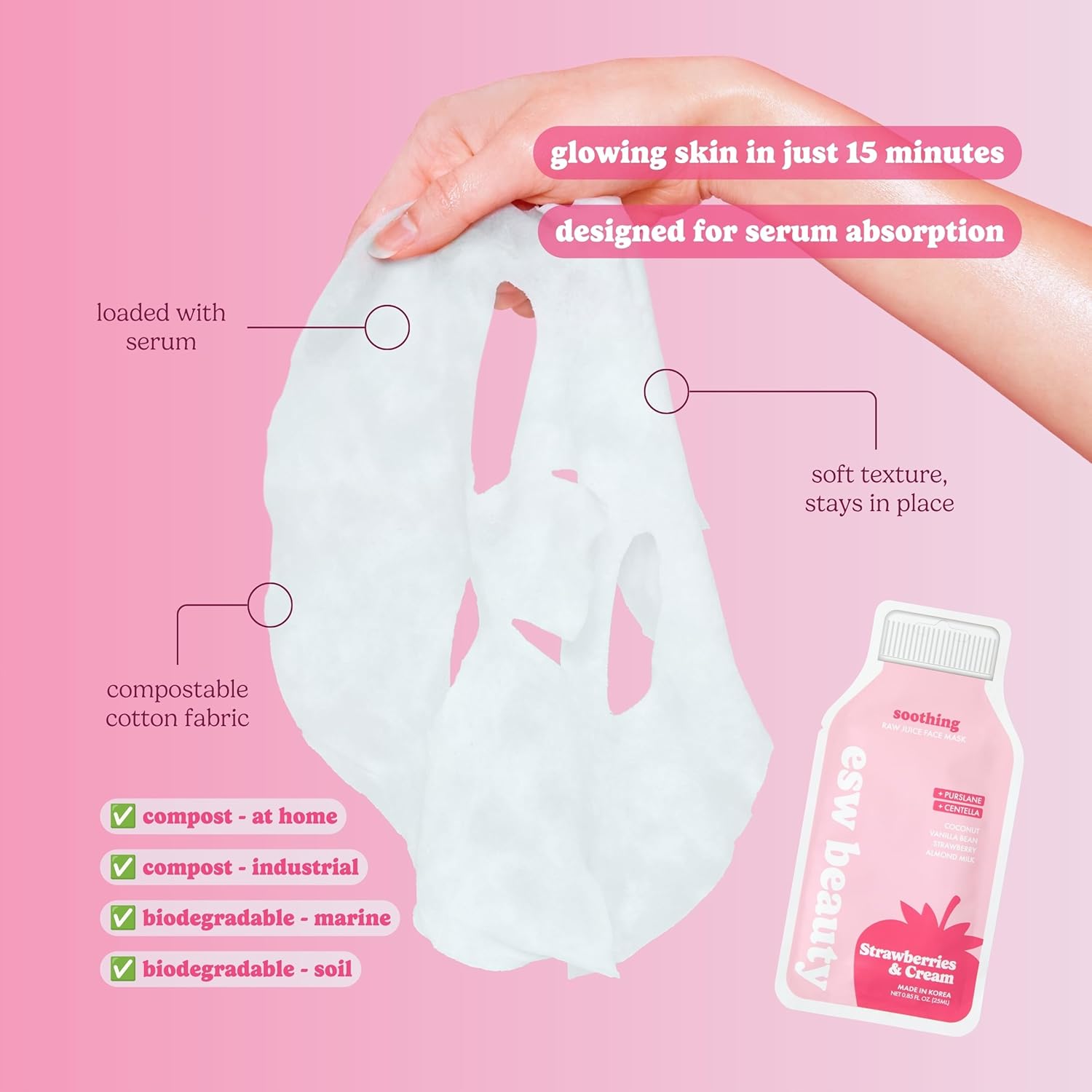 ESW Beauty Strawberries & Cream Soothing Face Mask, Korean Skin Care 1 Pack