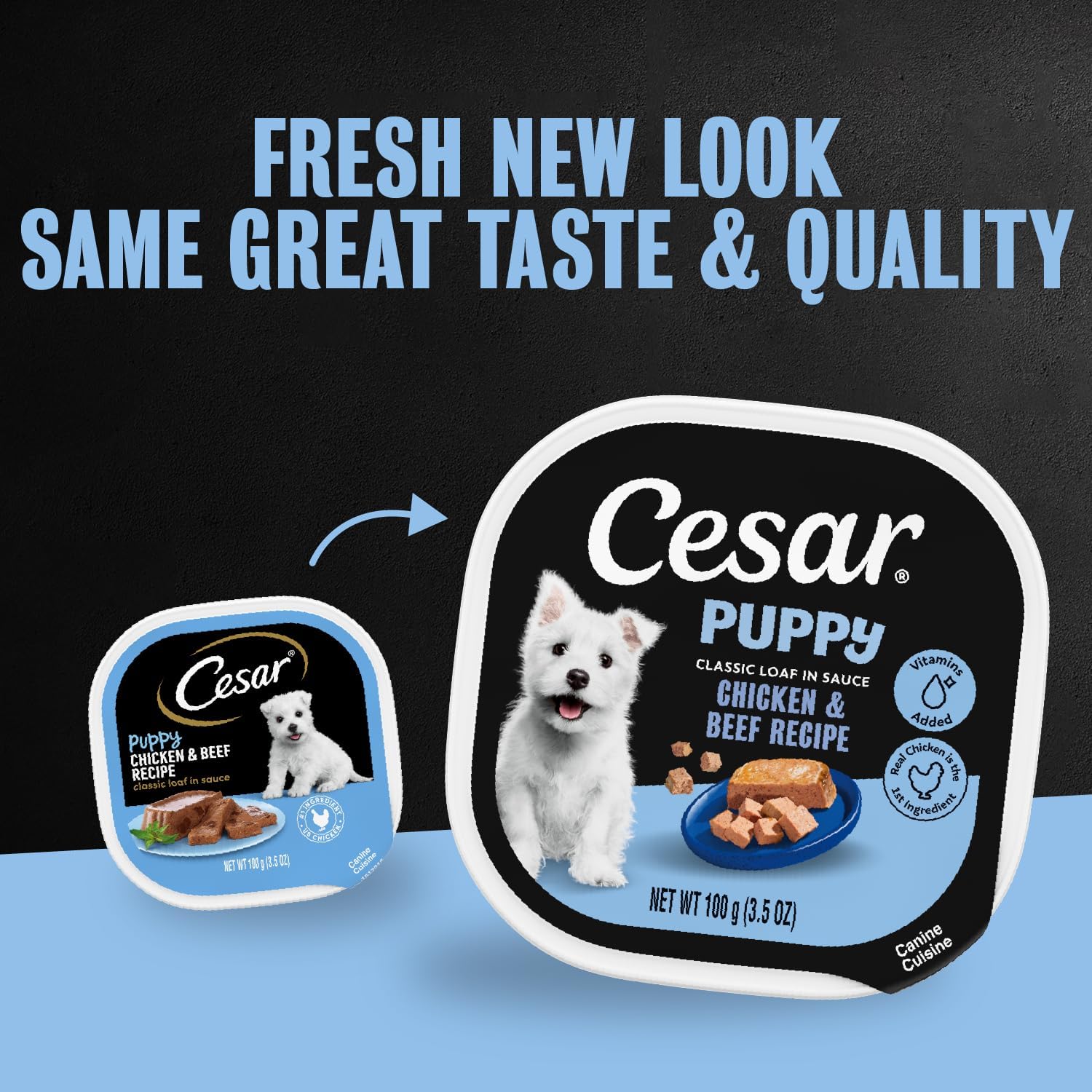Cesar Puppy Classic Loaf Wet Dog Food, Chicken & Beef, 3.5 oz, 24 Count | Real chicken #1 ingredient, made in USA, no fillers or artificial flavors, essential nutrients, slow-cooked, easy peel trays