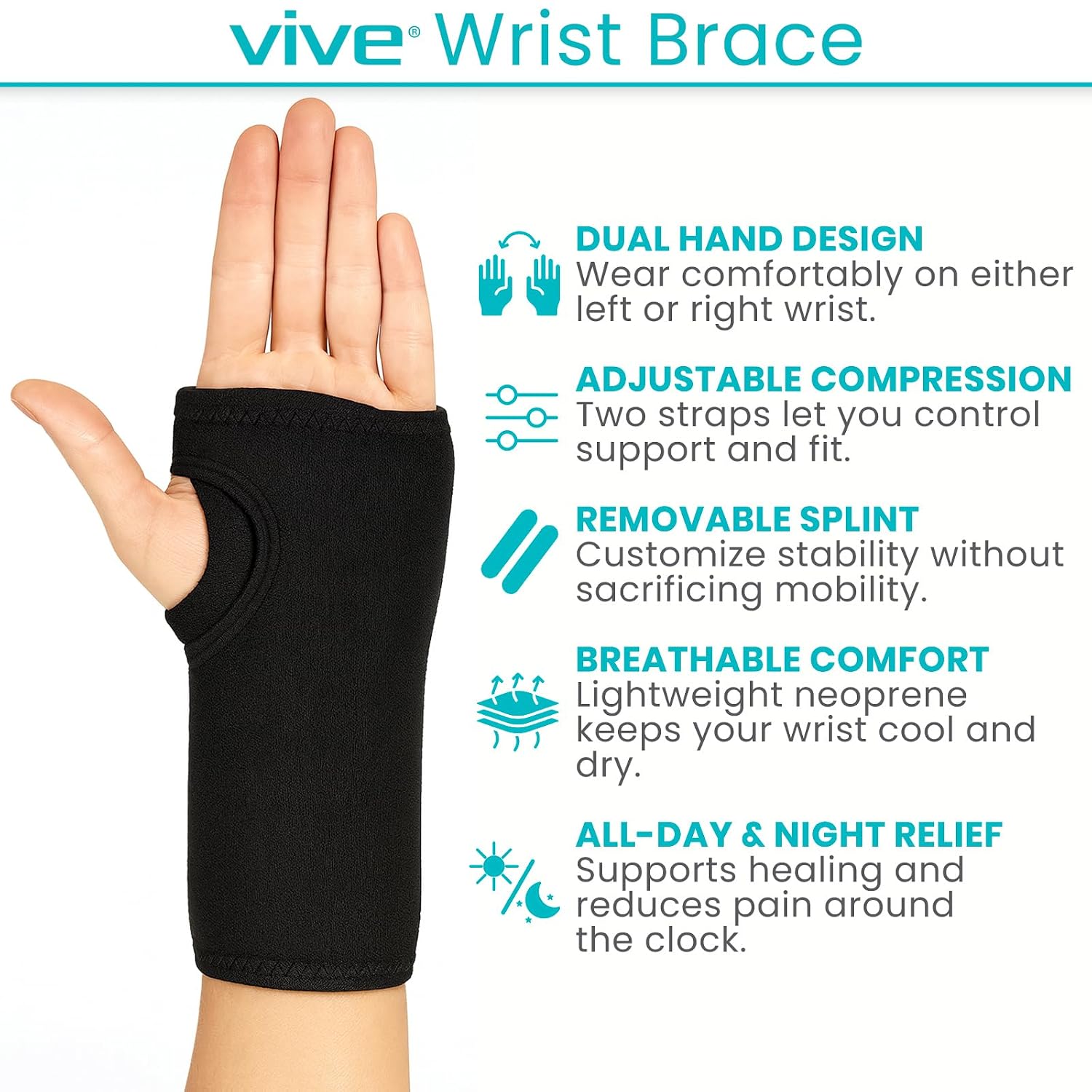 Vive Wrist Brace - Carpal Tunnel Hand Compression Support Wrap for Men | Women, Tendinitis, Bowling, Sports Injuries Pain Relief - Removable Splint - Universal Ergonomic Fit (Black, Right)