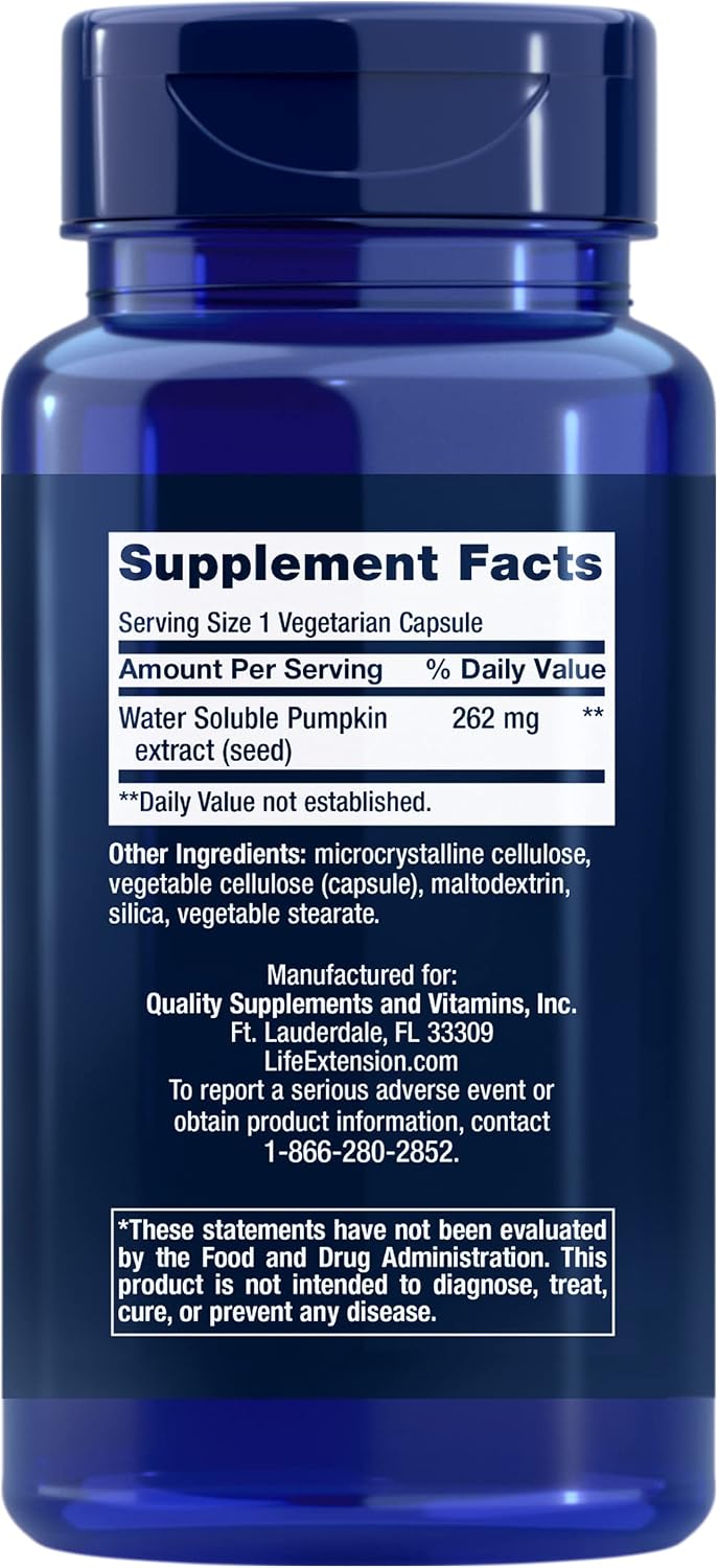 Life Extension Water-Soluble Pumpkin Seed Extract, Promotes Prostate & Urinary Tract Health, Bladder Health Support, Men, Women, Gluten-Free, Non-GMO, Vegetarian, 60 Capsules | Promotes Prostate & Urinary Tract Health, Supports Bladder Health for Men & W…