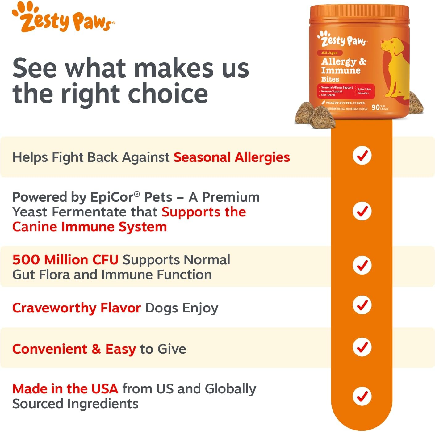 Zesty Paws Allergy Immune Bites - Dog Allergy Chews, Dog Probiotics for Itchy Skin and Ears, Lamb, 90ct