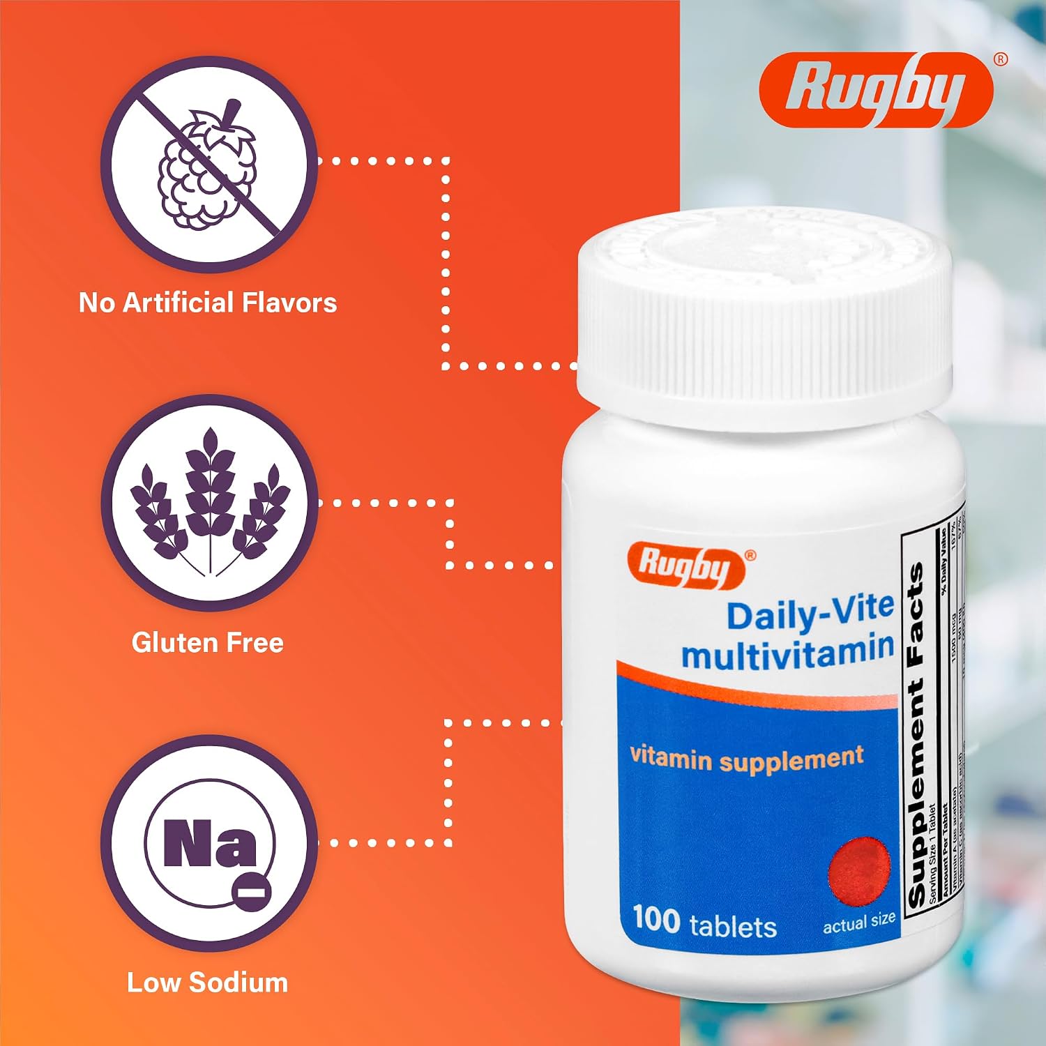 Rugby Daily-Vite Multivitamin for Adults, 100 Tablets (2-Pack) | Gluten-Free Dietary Supplement with Vitamin A, C, D and Thiamin
