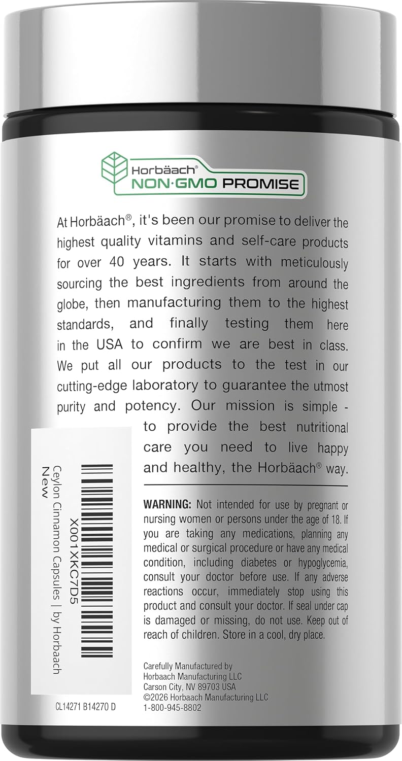 Horbäach Ceylon Cinnamon Supplement | 150 Capsules | Herbal Extract Pills | Non-GMO & Gluten Free