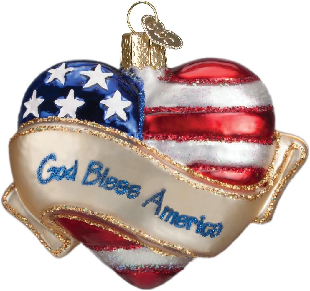 Old World Christmas God Bless America Heart Glass Blown Ornament for Christmas Tree, Handcrafted Holiday Decoration, Heart Collection