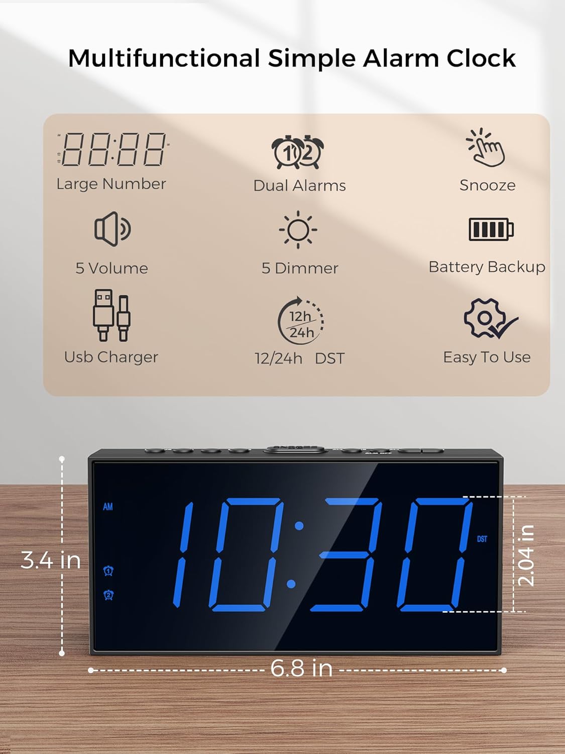 Digital Alarm Clocks for Bedrooms, Dual Alarms, 7.5-Inch Large Display