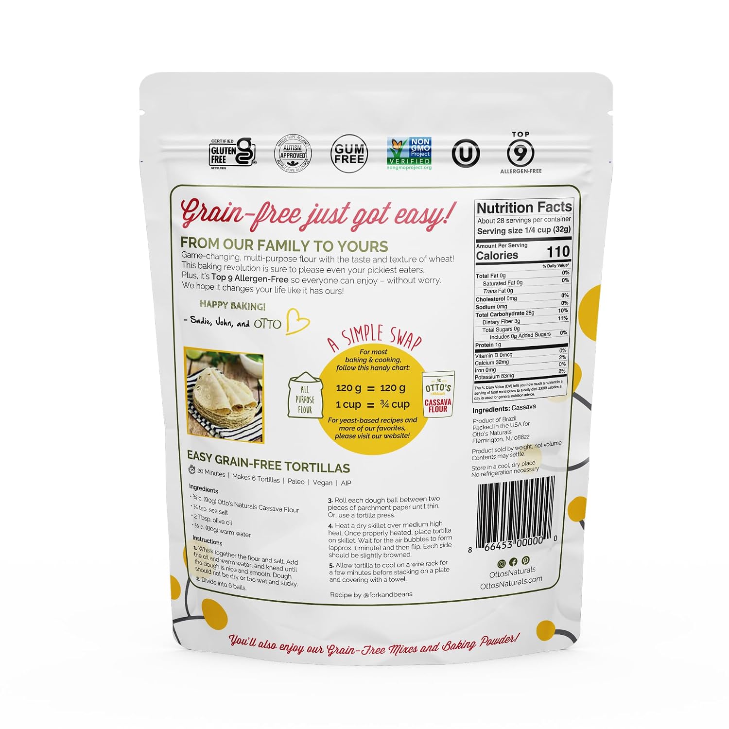 Otto's Naturals Multi-Purpose Cassava Flour, 2 LB. | All Purpose Wheat Replacement, Top 9 Allergen Friendly, Use for Bread, Cake and Crust, Gluten & Grain Free, Non-GMO, Nut-Free