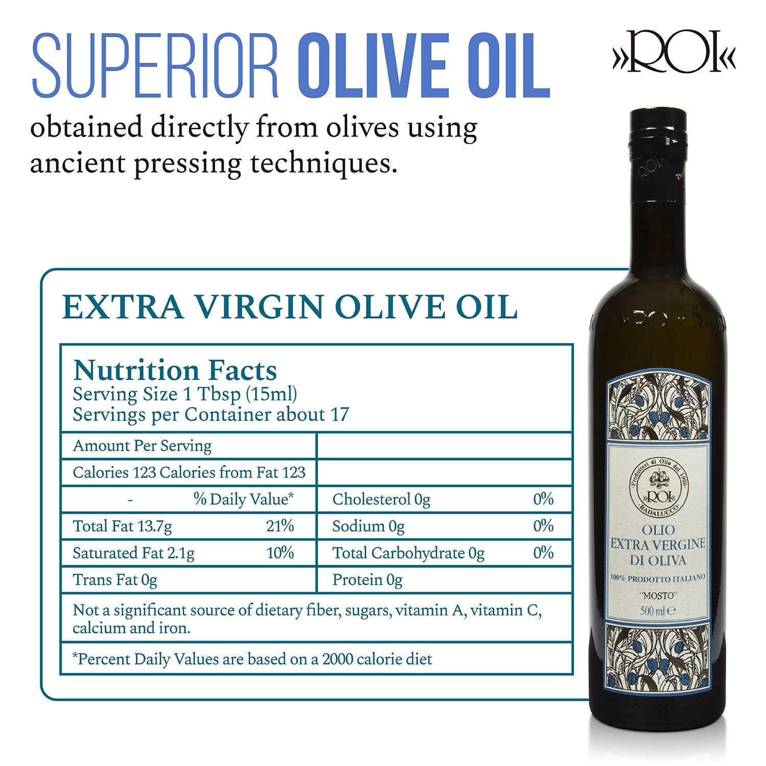 ROI Premium Ligurian Italian Extra Virgin Olive Oil First Cold Pressed - Gourmet Mosto Olive Oil Imported from Italy, High in Polyphenols, 17 fl oz (500 ml)