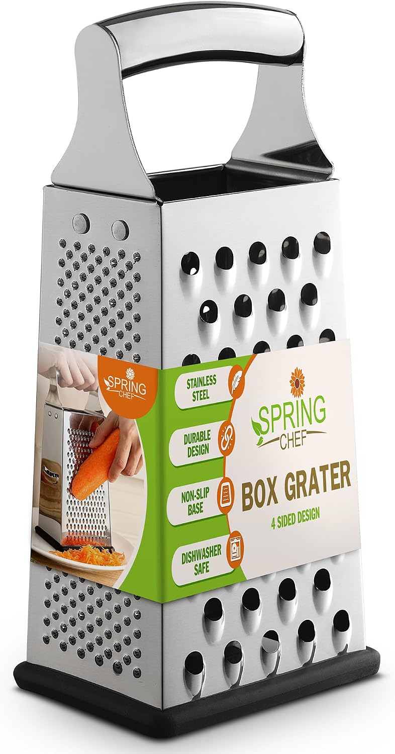 Spring Chef Stainless Steel Cheese Grater, Large Box Grater for Kitchen | 4 Sided Handheld Vegetable Shredder, Kitchen Food Grater for Cheese, Potato