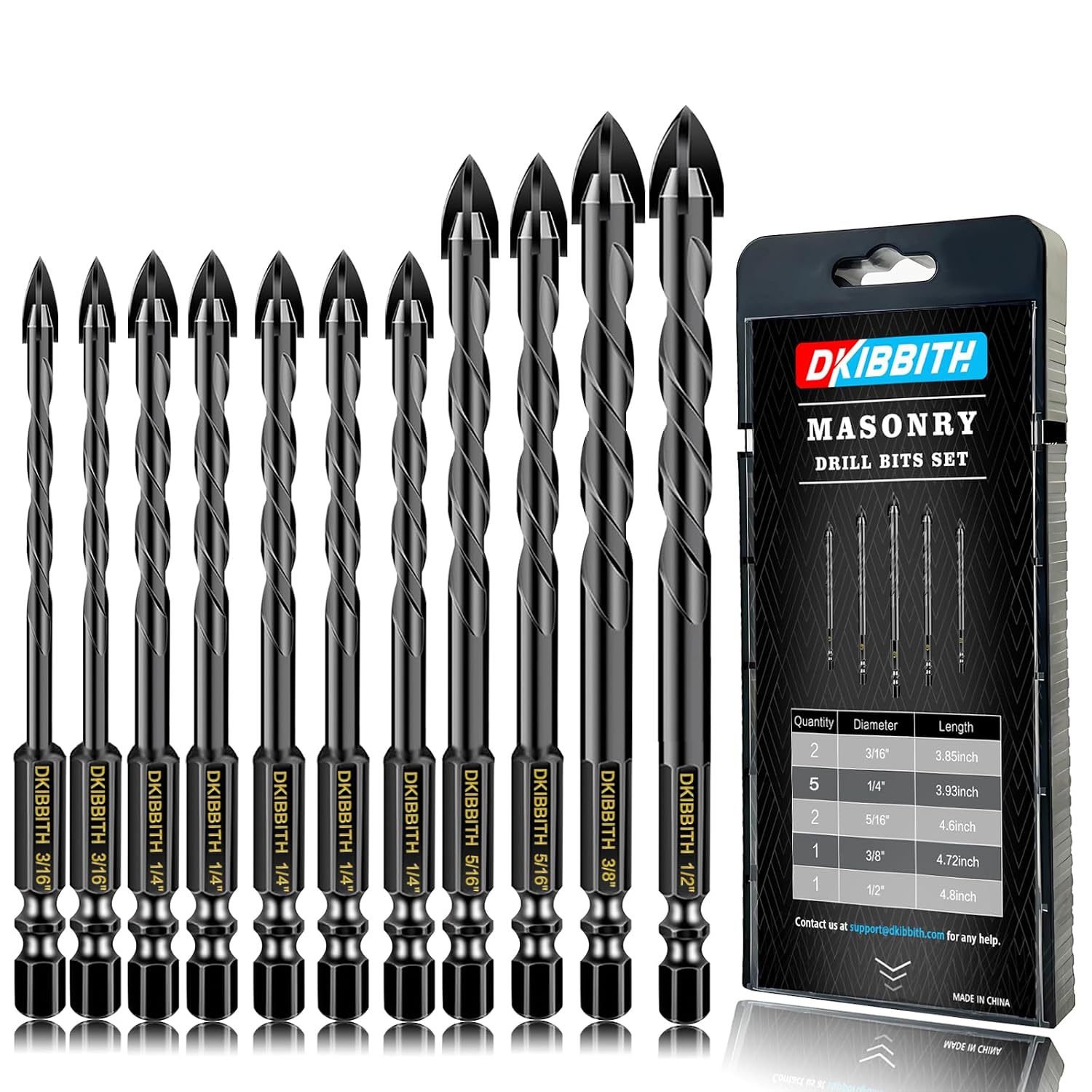 10-Piece Masonry Drill Bit Set for Concrete Tile Glass Ceramic Brick, 1/8 to 1/2 Inch Drilling Bits with Triangle Handle
