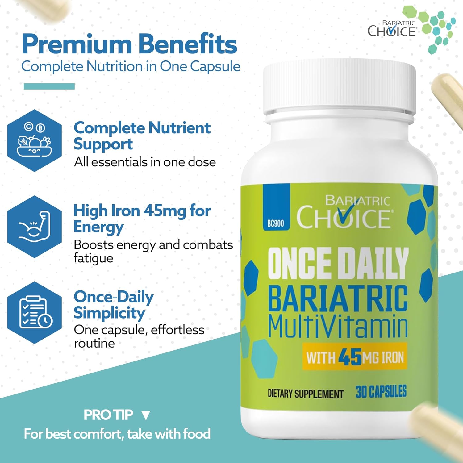 Bariatric Choice Once Daily Bariatric Multivitamin with Iron 45mg, 1 Month | 1-Mo Supply, Once Daily Easy-to-Swallow Capsule for Gastric Bypass & Sleeve Patients – High Potency Vitamins A, D, B12, More