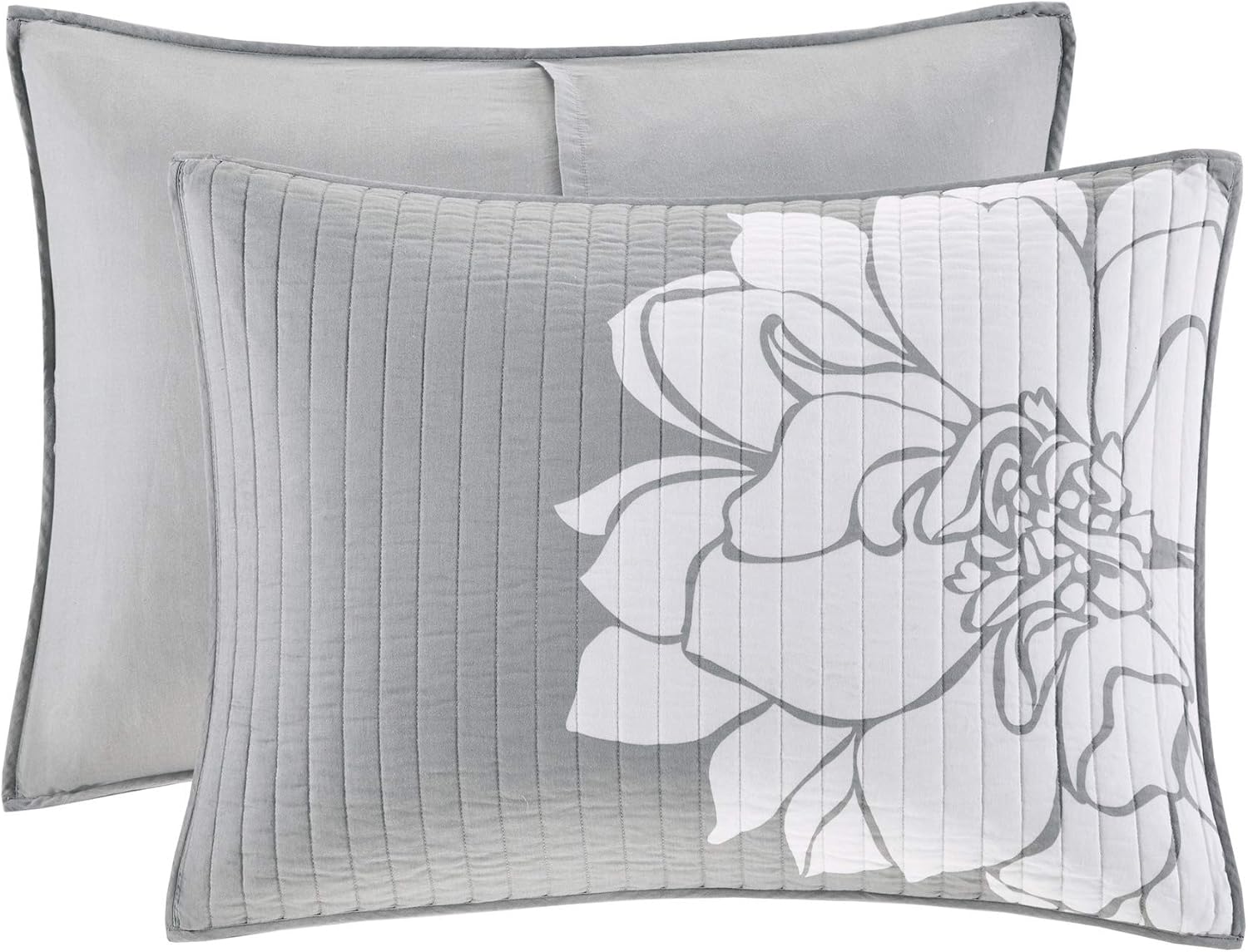 Madison Park Cotton Casual Floral Quilt Set, 6PC Full/Queen Coverlet | Channel Stitching Design, All Season, Lightweight Coverlet Bedspread Bedding, Shams, Decorative Pillows, Taupe Grey/Purple