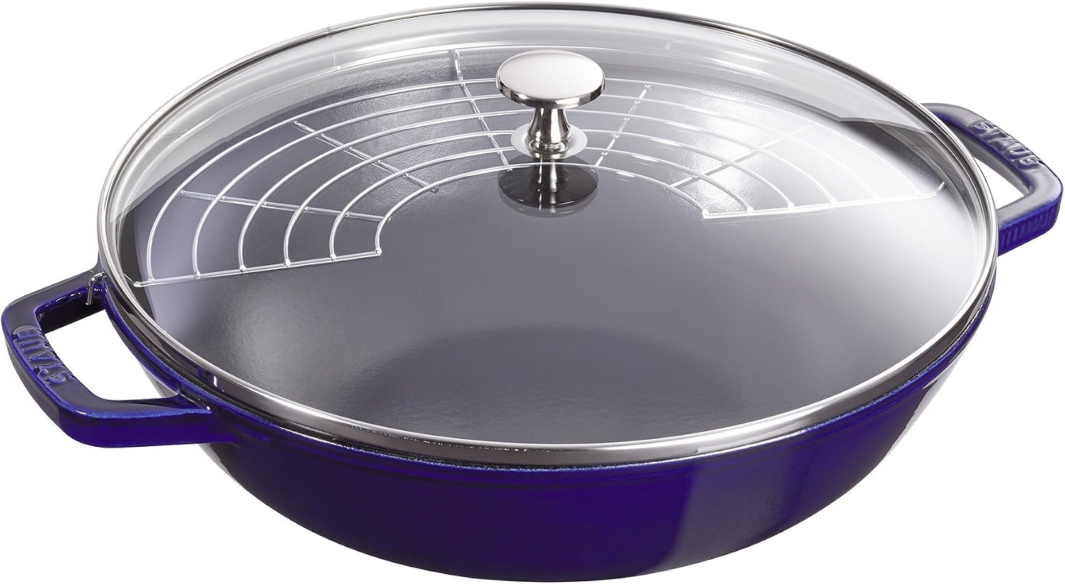 Staub Cast Iron Perfect Pan, Wok, Dutch Oven, 4.5-quart, serves 4-5, Made in France, Dark Blue