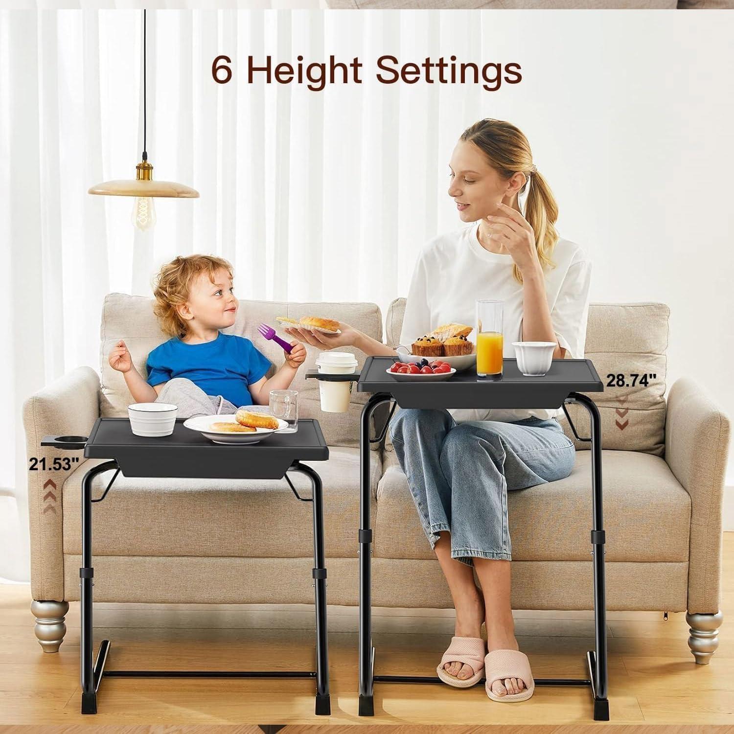 HUANUO TV Trays Set of 2, TV Tray with 6 Height & 3 Tilt Adjustments, Black | 21.53" - 28.74" Height Range, Foldable, Cup Holder