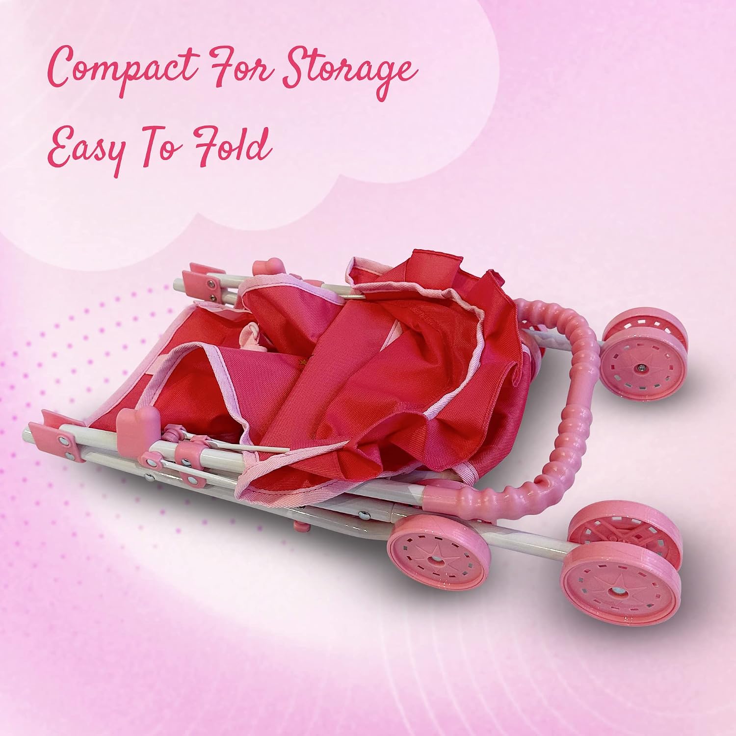 The New York Doll Collection My First Doll Stroller with Basket & Heart Design Foldable Doll Stroller, Pink